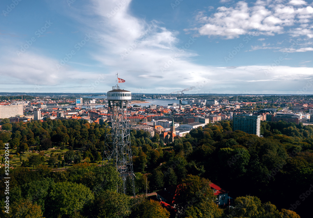 Panoramic summer cityscape of Aalborg (North Jutland, Denmark), with Aalborg Tower (Aalborgtårnet) in the foreground