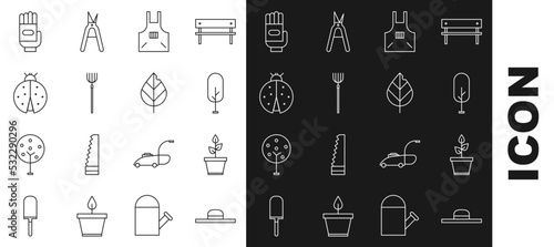 Set line Worker hat, Plant in pot, Tree, Kitchen apron, Garden pitchfork, Ladybug, gloves and Leaf icon. Vector