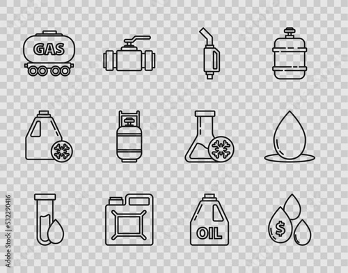 Set line Oil petrol test tube, drop with dollar symbol, Gasoline pump nozzle, Canister for gasoline, railway cistern, Propane tank, motor machine oil and icon. Vector