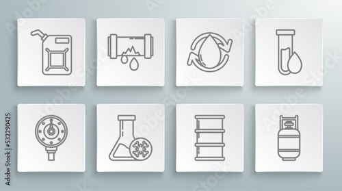Set line Motor gas gauge, Broken metal pipe with leaking water, Antifreeze test tube, Barrel oil, Propane tank, Oil drop, petrol and Canister for gasoline icon. Vector