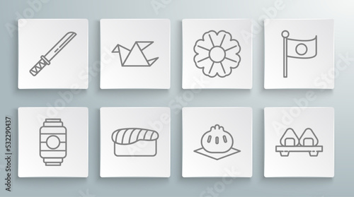 Set line Japanese paper lantern, Origami bird, Sushi, Khinkali on cutting board, Flower, National flag of pole and Traditional katana icon. Vector