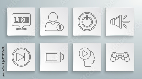 Set line Fast forward, Add to friend, Battery charge level indicator, Head people with play button, Gamepad, Power, Speaker volume and Like speech bubble icon. Vector