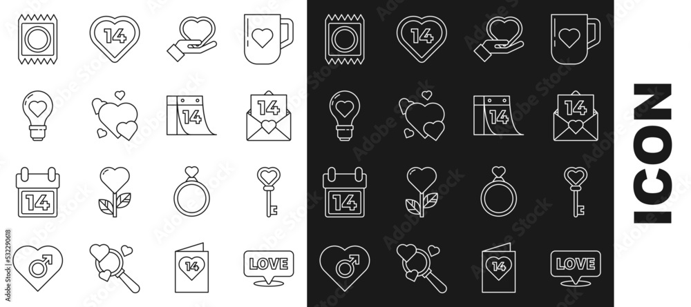 Set line Speech bubble with text love, Key in heart shape, Envelope Valentine, Heart on hand, light bulb, Condom package and Calendar February 14 icon. Vector Set line Speech bubble with text love, Key in heart shape, Envelope Valentine, Heart on hand, light bulb, Condom package and Calendar February 14 icon. Vector