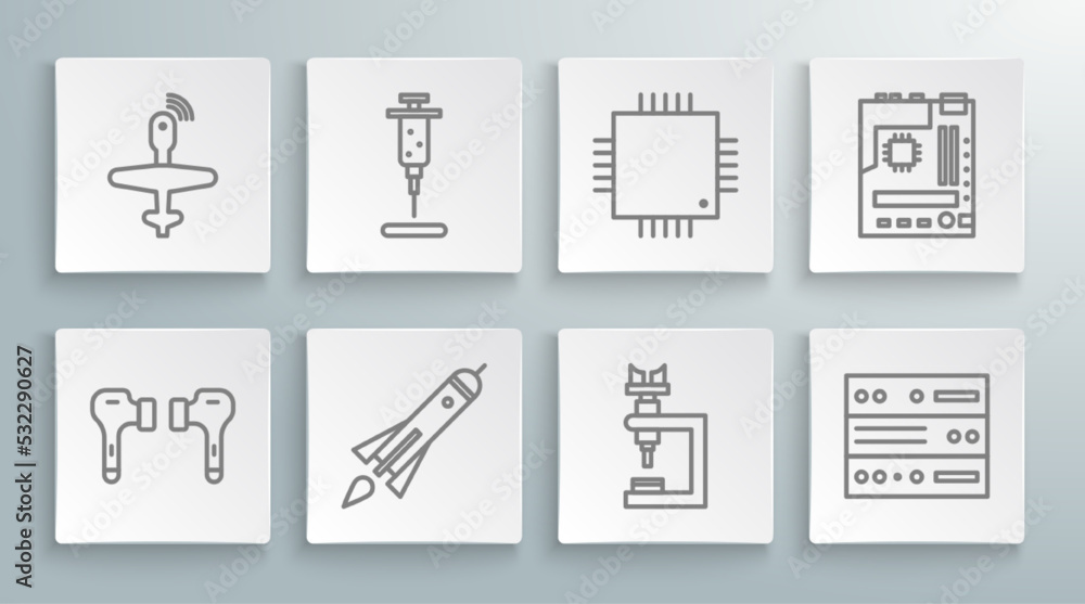 Set line Air headphones, Syringe, Rocket ship with fire, Microscope, Server, Data, Web Hosting, Processor microcircuits CPU, Motherboard and UAV Drone icon. Vector Set line Air headphones, Syringe, Rocket ship with fire, Microscope, Server, Data, Web Hosting, Processor microcircuits CPU, Motherboard and UAV Drone icon. Vector