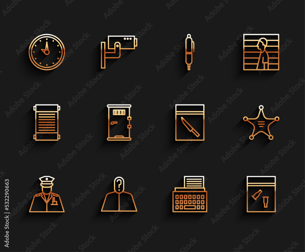 Set line Police officer, Anonymous with question mark, Clock, Retro typewriter, Evidence bag and bullet, Prison cell door, Hexagram sheriff and knife icon. Vector Set line Police officer, Anonymous with question mark, Clock, Retro typewriter, Evidence bag and bullet, Prison cell door, Hexagram sheriff and knife icon. Vector