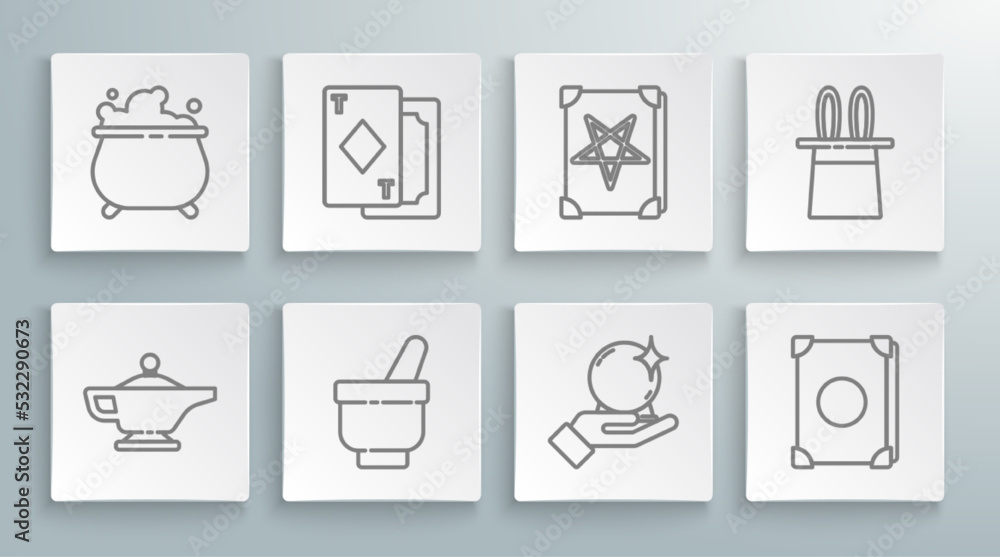 Set line Magic lamp or Aladdin, Playing cards, mortar and pestle, ball on hand, Ancient magic book, Magician hat rabbit ears and Witch cauldron icon. Vector Set line Magic lamp or Aladdin, Playing cards, mortar and pestle, ball on hand, Ancient magic book, Magician hat rabbit ears and Witch cauldron icon. Vector