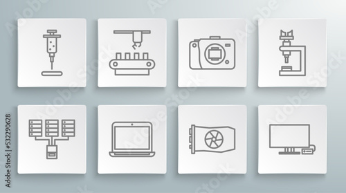 Set line Server, Data, Web Hosting, Factory conveyor system belt, Laptop, Video graphic card, Smart Tv, Mirrorless camera, Microscope and Syringe icon. Vector