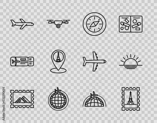 Set line Postal stamp and Egypt pyramids, Eiffel tower, Compass, Globe with flying plane, Plane, Map pointer, and Sunset icon. Vector