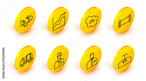 Set line Oilfield, Businessman or stock market trader, Oilman, Tanker truck, Industry pipe, CO2 emissions cloud, price increase and Wrecked oil tanker ship icon. Vector