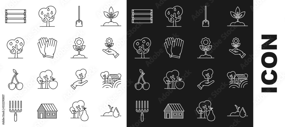 Set line Watering sprout, Farm House concept, Hand holding flower, Shovel, Garden gloves, Tree with apple, Wooden box and Flower icon. Vector