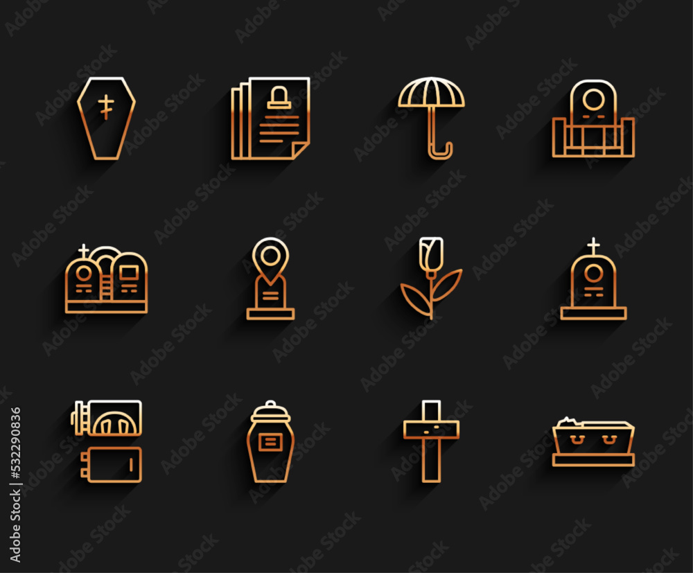 Set line Crematorium, Funeral urn, Coffin with cross, Christian, dead, Location grave, Grave tombstone and Flower rose icon. Vector Set line Crematorium, Funeral urn, Coffin with cross, Christian, dead, Location grave, Grave tombstone and Flower rose icon. Vector