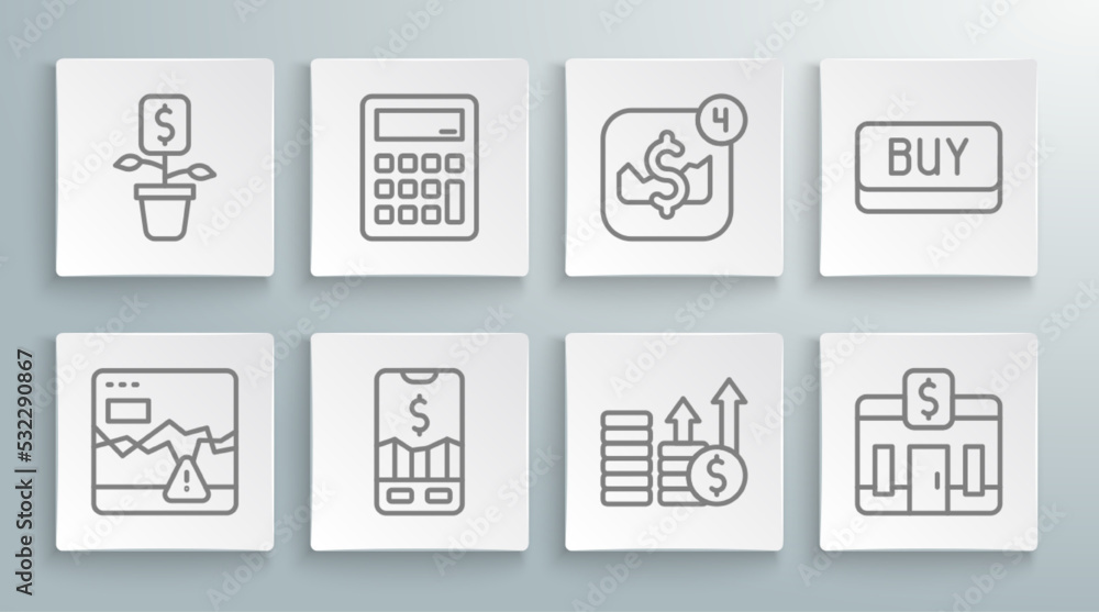 Set line Failure stocks market, Calculator, Mobile trading, Financial growth and dollar, Bank building, Buy button and Dollar plant icon. Vector Set line Failure stocks market, Calculator, Mobile trading, Financial growth and dollar, Bank building, Buy button and Dollar plant icon. Vector