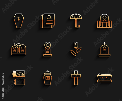 Set line Crematorium, Funeral urn, Coffin with cross, Christian, dead, Location grave, Grave tombstone and Flower rose icon. Vector