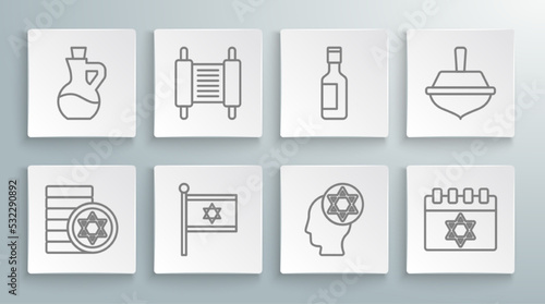 Set line Jewish coin, Torah scroll, Flag of Israel, Orthodox jewish hat, calendar, wine bottle, Hanukkah dreidel and Bottle olive oil icon. Vector