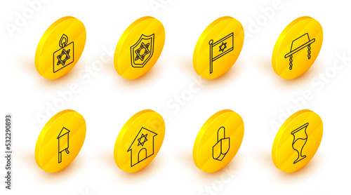Set line Jewish goblet, Hanukkah dreidel, synagogue, Firework rocket, Orthodox jewish hat, Flag of Israel, Shield with Star David and Burning candle icon. Vector