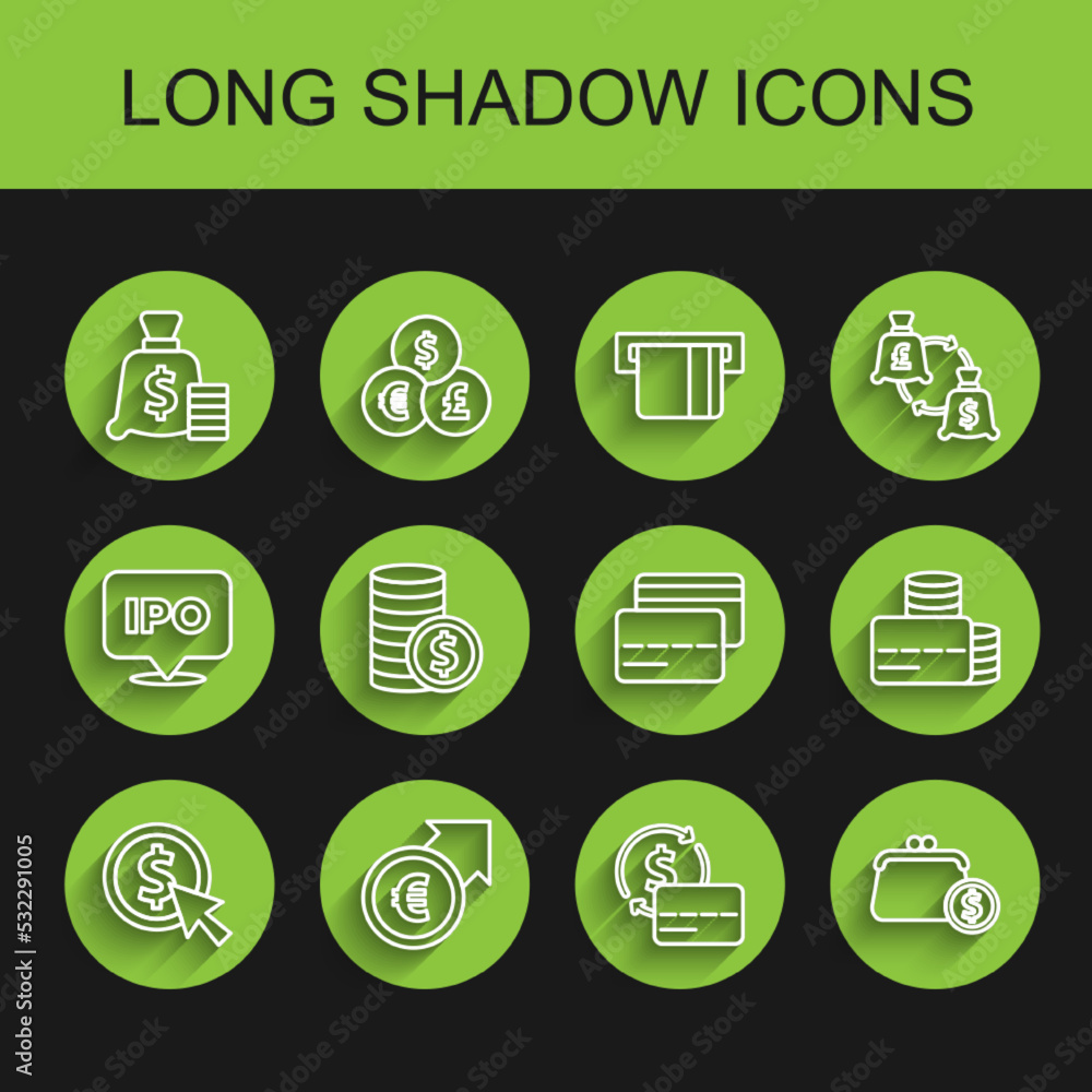 Set line Coin money with dollar, Financial growth and euro, Money bag, Credit card, Wallet coins, and icon. Vector Set line Coin money with dollar, Financial growth and euro, Money bag, Credit card, Wallet coins, and icon. Vector