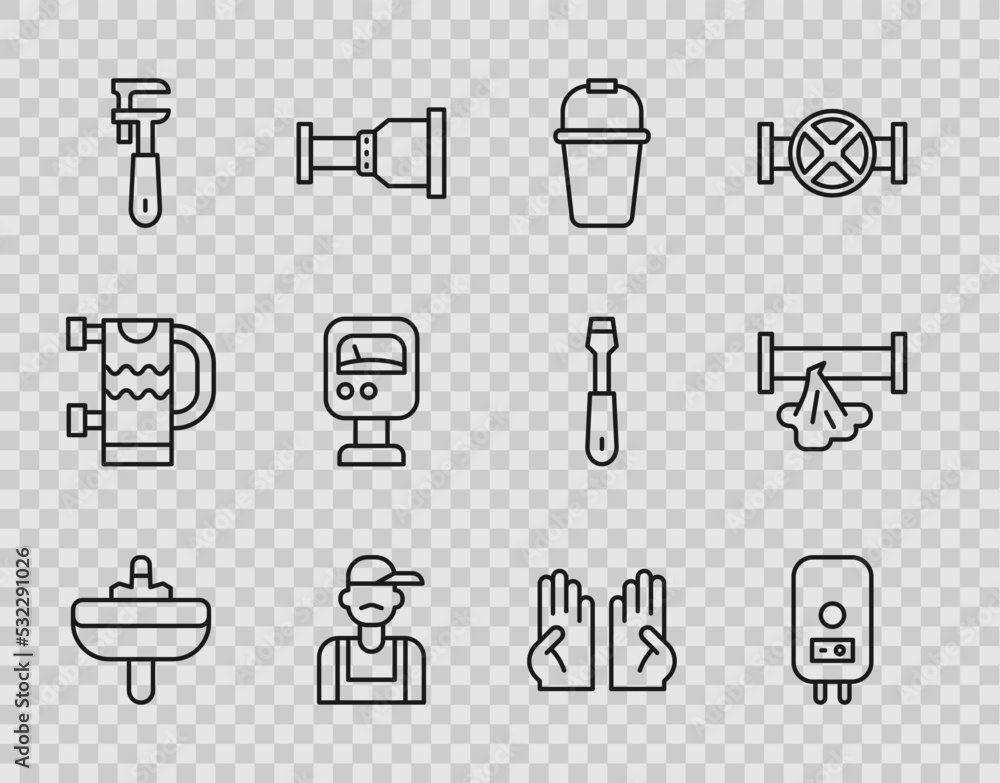 Set line Washbasin, Electric boiler, Bucket, Plumber, Pipe adjustable wrench, Pressure water meter, Rubber gloves and Broken pipe icon. Vector Set line Washbasin, Electric boiler, Bucket, Plumber, Pipe adjustable wrench, Pressure water meter, Rubber gloves and Broken pipe icon. Vector