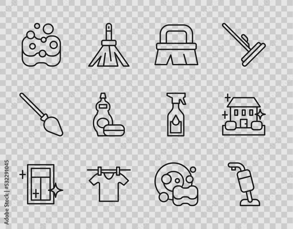 Set line Cleaning service for window, Vacuum cleaner, Brush cleaning, Drying clothes, Sponge, Dishwashing liquid bottle, Washing dishes and Home icon. Vector Set line Cleaning service for window, Vacuum cleaner, Brush cleaning, Drying clothes, Sponge, Dishwashing liquid bottle, Washing dishes and Home icon. Vector