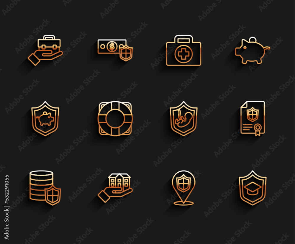 Set line Money with shield, House in hand, Hand holding briefcase, Location, Graduation cap, Lifebuoy, Contract and insurance icon. Vector Set line Money with shield, House in hand, Hand holding briefcase, Location, Graduation cap, Lifebuoy, Contract and insurance icon. Vector