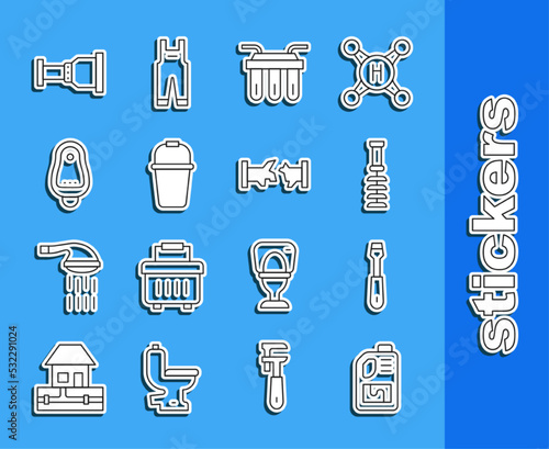 Set line Drain cleaner bottle, Screwdriver, Toilet brush, Water filter, Bucket, urinal or pissoir, Pipe adapter and Broken pipe icon. Vector