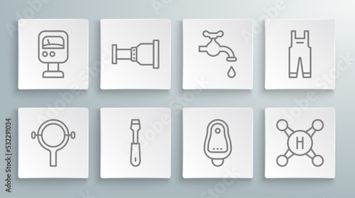 Set line Filter wrench, Pipe adapter, Screwdriver, Toilet urinal or pissoir, Water tap, Work overalls and Pressure water meter icon. Vector