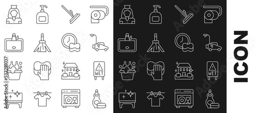 Set line Dishwashing liquid bottle, Wet floor, Lawn mower, Mop, Handle broom, Washbasin, Cleaning lady service and Washing dishes icon. Vector