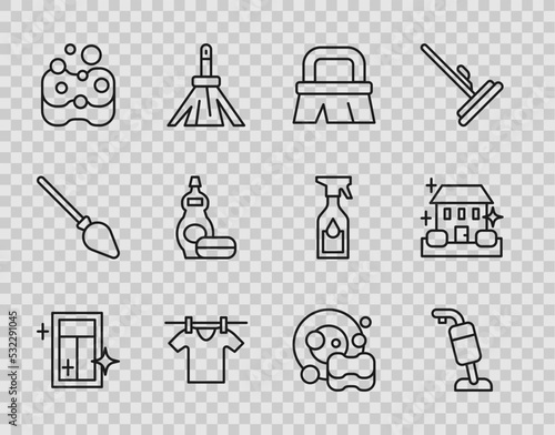 Set line Cleaning service for window, Vacuum cleaner, Brush cleaning, Drying clothes, Sponge, Dishwashing liquid bottle, Washing dishes and Home icon. Vector