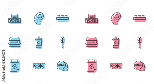 Set line Calendar with date July 4, Carnival garland flags, Vote box, USA Independence day, Paper glass straw, Indian feather, Burger and Head icon. Vector