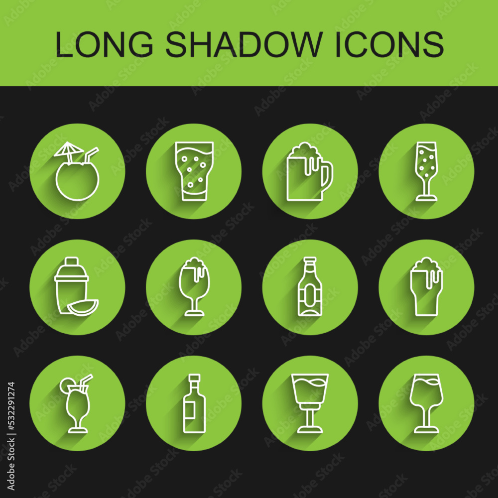 Set line Cocktail, Wine bottle, Coconut cocktail, glass, Glass of beer, and Beer icon. Vector Set line Cocktail, Wine bottle, Coconut cocktail, glass, Glass of beer, and Beer icon. Vector