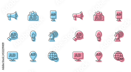 Set line Advertising, Megaphone, Light bulb with concept of idea, Chess, and icon. Vector