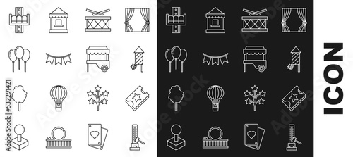 Set line High striker attraction with big hammer, Ticket, Firework rocket, Drum drum sticks, Carnival garland flags, Balloons ribbon, Attraction carousel and Fast street food cart awning icon. Vector