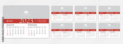 Desk Calendar template for the year 2023 A set of pages for 12 months