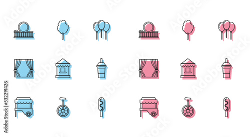 Set line Fast street food cart with awning, Unicycle or one wheel bicycle, Roller coaster, Corn dog, Ticket box office, Paper glass drinking straw and water, Curtain and Cotton candy icon. Vector