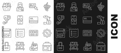 Set line Market store, Discount percent tag, Price for fish, Buy button, Percent discount and mobile, Security camera, Shopping basket food and Credit card icon. Vector