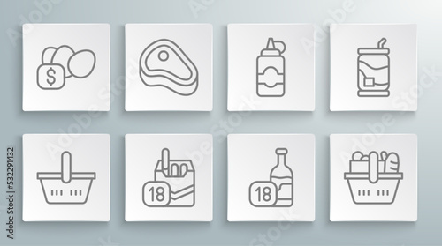 Set line Shopping basket, Steak meat, Cigarettes pack box, Wine bottle, and food, Sauce, Soda can and Price tag for egg icon. Vector