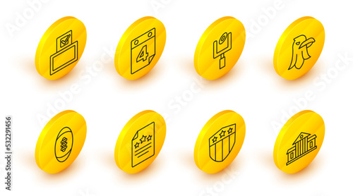 Set line White House, Shield with stars, Declaration of independence, American Football ball, Eagle, football goal post, Calendar date July 4 and Vote box icon. Vector