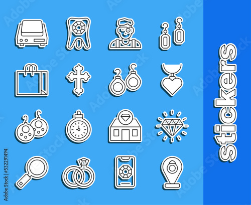 Set line Jewelry store, Diamond, Necklace with heart shaped pendant, Jeweler man, Christian cross, Shopping bag jewelry, Electronic scales and Earrings icon. Vector