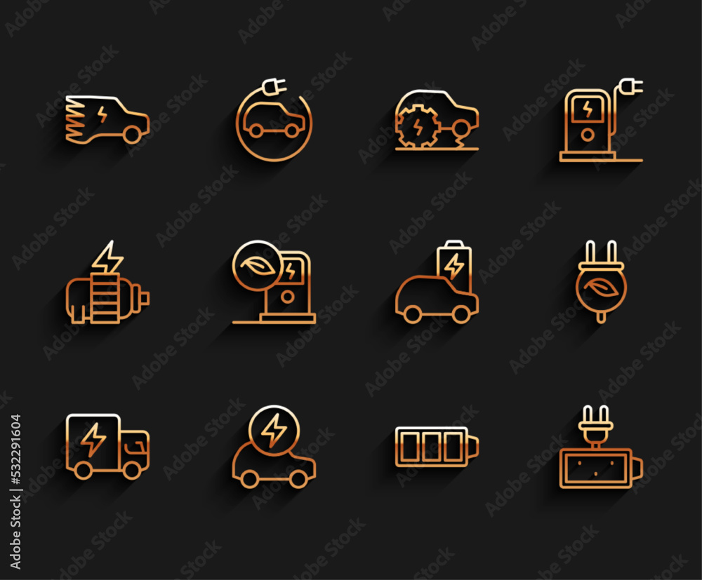 Set line Electric truck, car, Battery charge, charging station, saving plug leaf and icon. Vector Set line Electric truck, car, Battery charge, charging station, saving plug leaf and icon. Vector