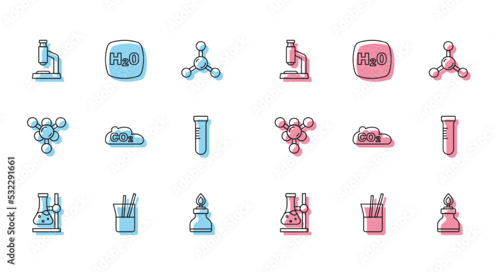 Set line Test tube flask on stand, Laboratory glassware, Microscope, Alcohol spirit burner, CO2 emissions in cloud, Molecule and Chemical formula H2O icon. Vector Set line Test tube flask on stand, Laboratory glassware, Microscope, Alcohol spirit burner, CO2 emissions in cloud, Molecule and Chemical formula H2O icon. Vector
