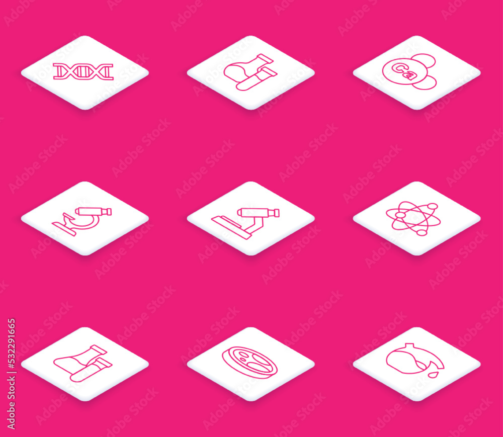 Set line DNA symbol, Test tube, Mineral Ca Calcium, Microscope, Atom, and Petri dish with bacteria icon. Vector