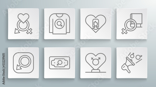 Set line Male gender, Feminist shirt, Money growth woman, Gender, activist, Heart with female, Book about women and icon. Vector