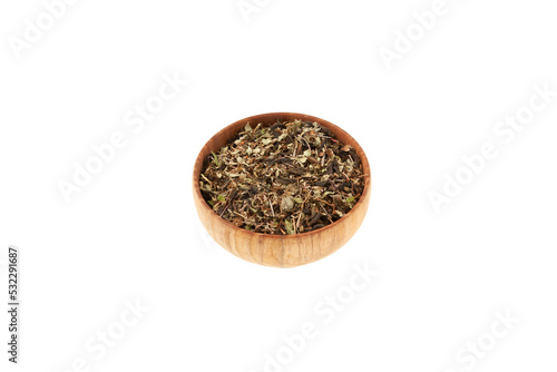 Stonebreaker tea or Chanca Piedra tea in wooden bowl isolated on white background. Stonebreaker tea prevent kidney stone formation, promote liver health, and reduce risk of gallstones photo