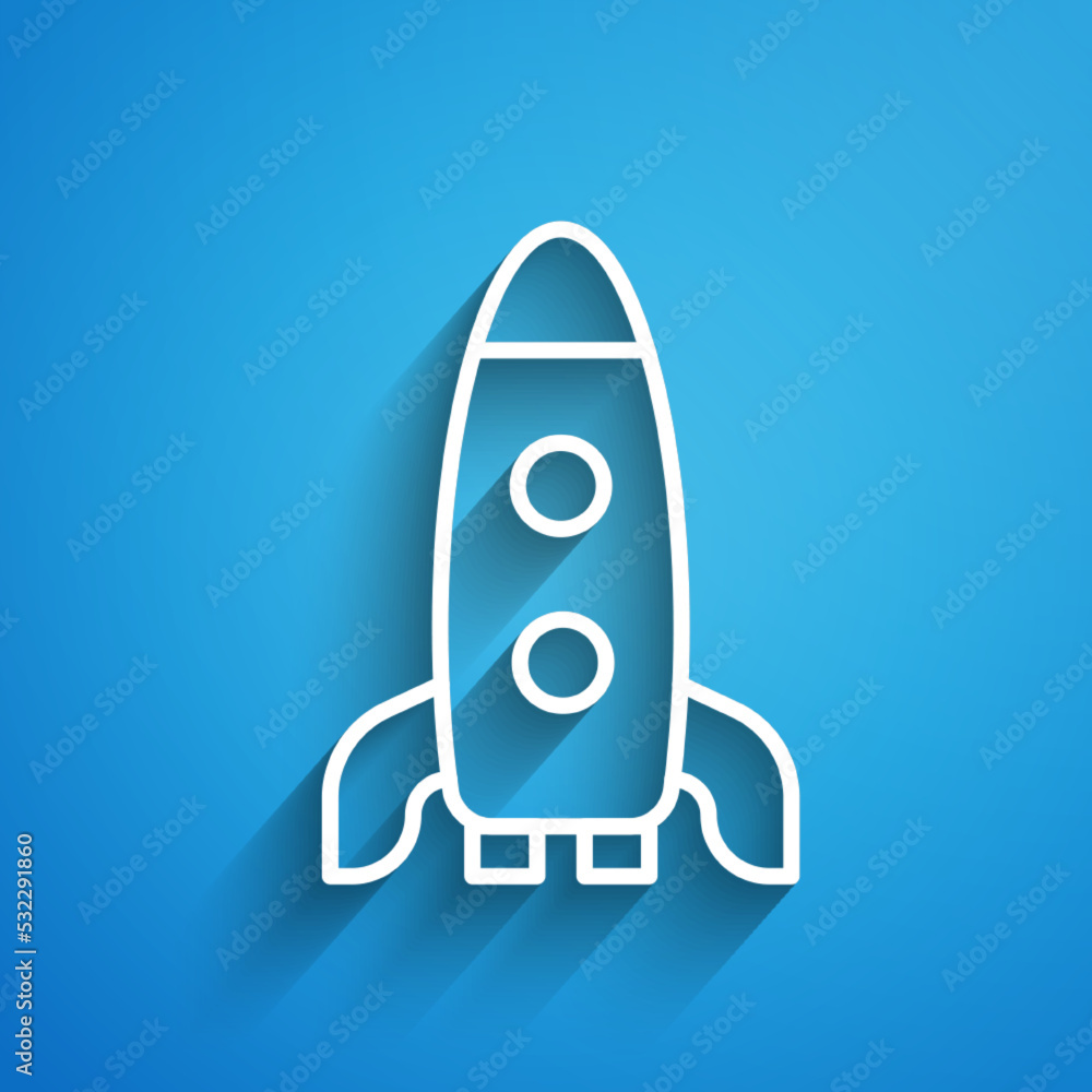 White line Rocket ship icon isolated on blue background. Space travel. Long shadow. Vector White line Rocket ship icon isolated on blue background. Space travel. Long shadow. Vector