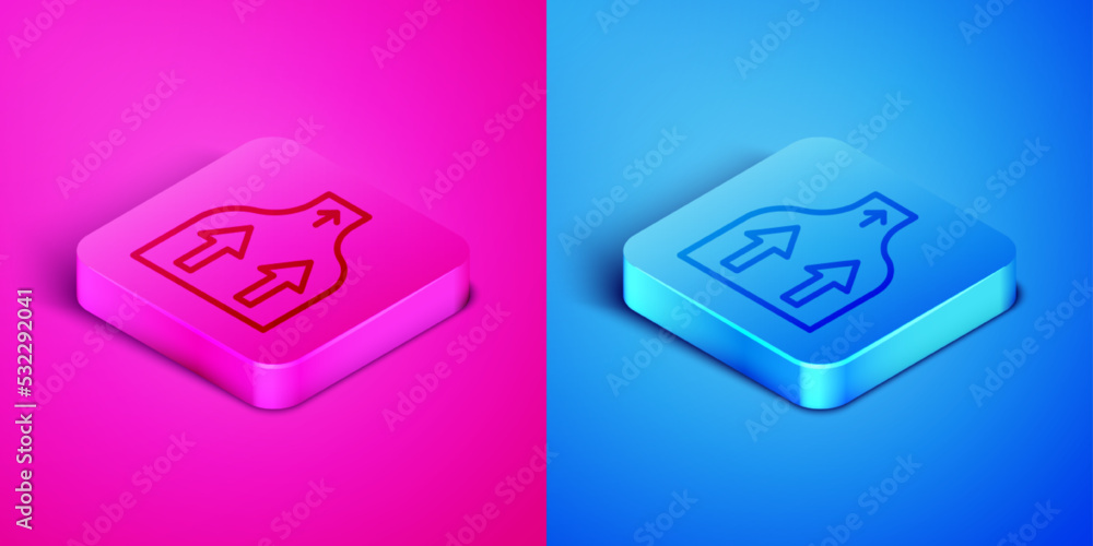 Isometric line Arrow icon isolated on pink and blue background. Direction Arrowhead symbol. Navigation pointer sign. Square button. Vector Isometric line Arrow icon isolated on pink and blue background. Direction Arrowhead symbol. Navigation pointer sign. Square button. Vector
