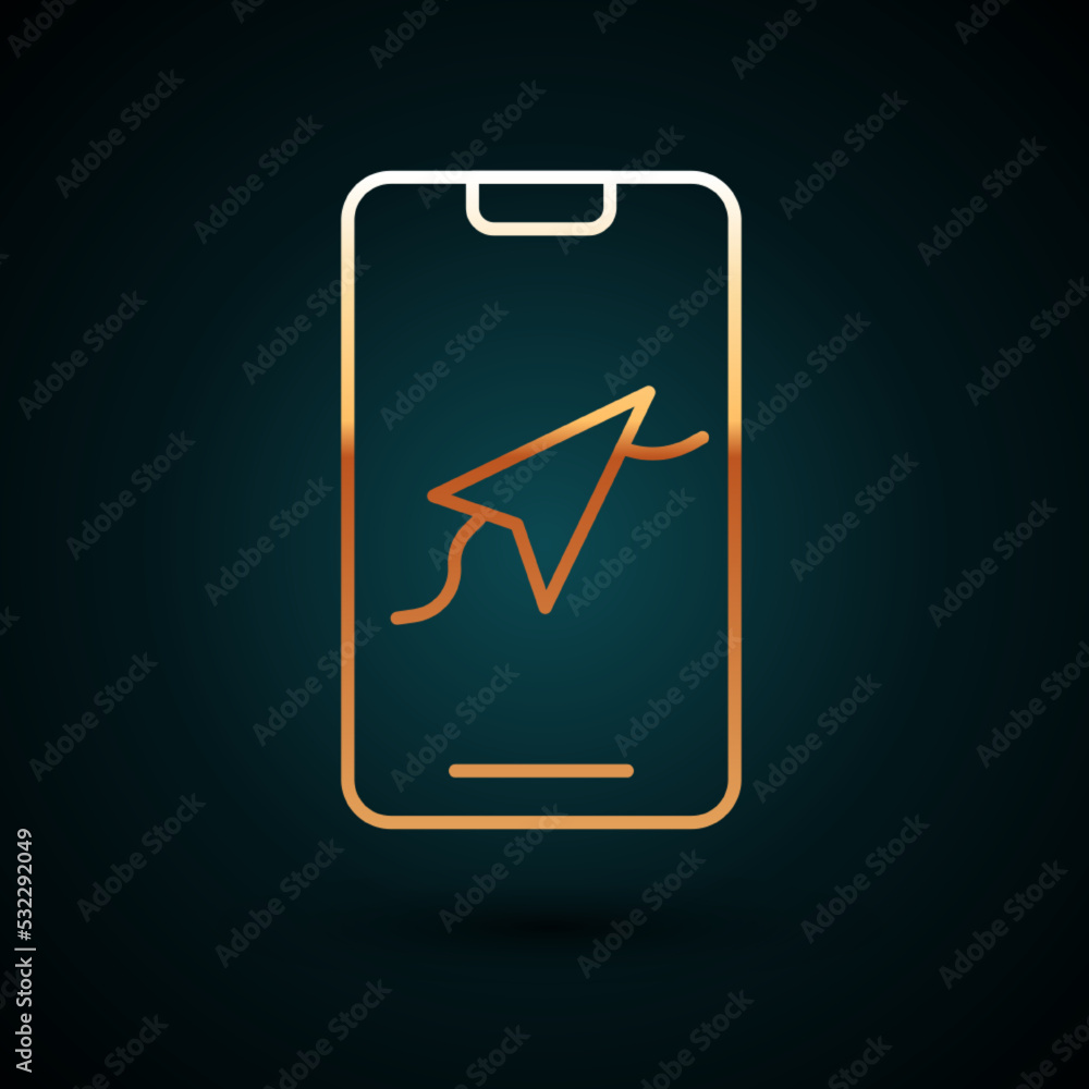 Gold line Infographic of city map navigation icon isolated on dark blue background. Mobile App Interface concept design. Geolacation concept. Vector Gold line Infographic of city map navigation icon isolated on dark blue background. Mobile App Interface concept design. Geolacation concept. Vector