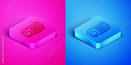 Isometric line Video graphic card icon isolated on pink and blue background. Square button. Vector