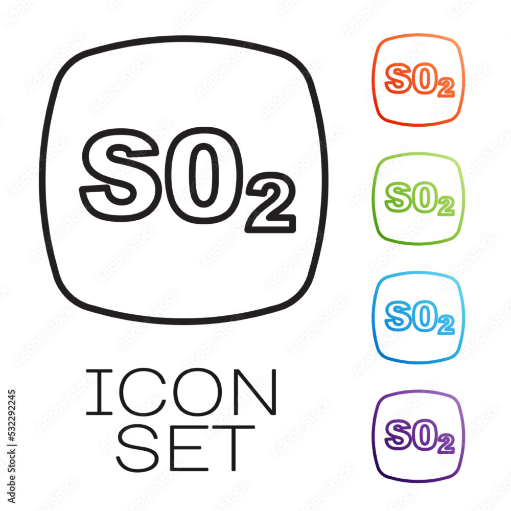 Black line Sulfur dioxide SO2 gas molecule icon isolated on white background. Structural chemical formula and molecule model. Set icons colorful. Vector Black line Sulfur dioxide SO2 gas molecule icon isolated on white background. Structural chemical formula and molecule model. Set icons colorful. Vector