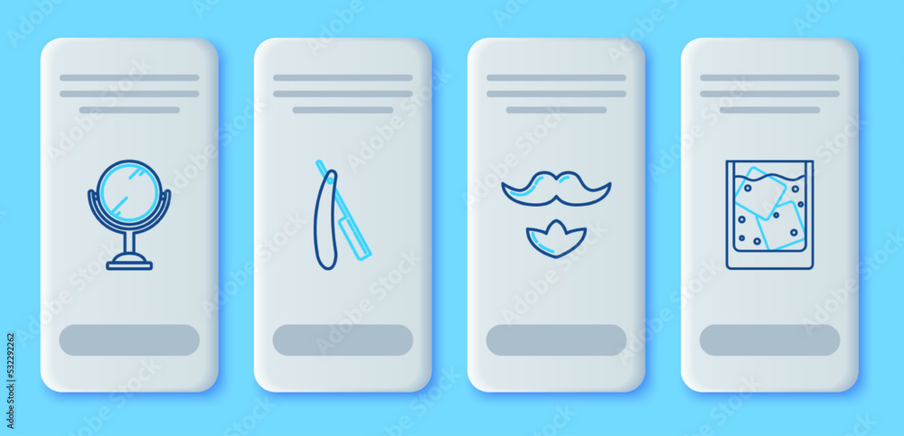Set line Straight razor, Mustache and beard, Hand mirror and Glass of whiskey ice cubes icon. Vector