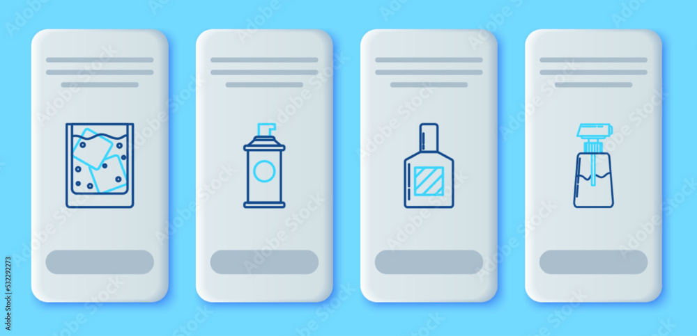 Set line Shaving gel foam, Aftershave, Glass of whiskey and ice cubes and Cream or lotion cosmetic tube icon. Vector