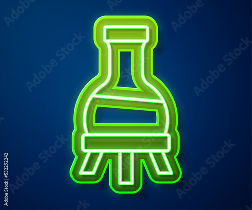 Glowing neon line Test tube and flask chemical laboratory test icon isolated on blue background. Laboratory glassware sign. Vector